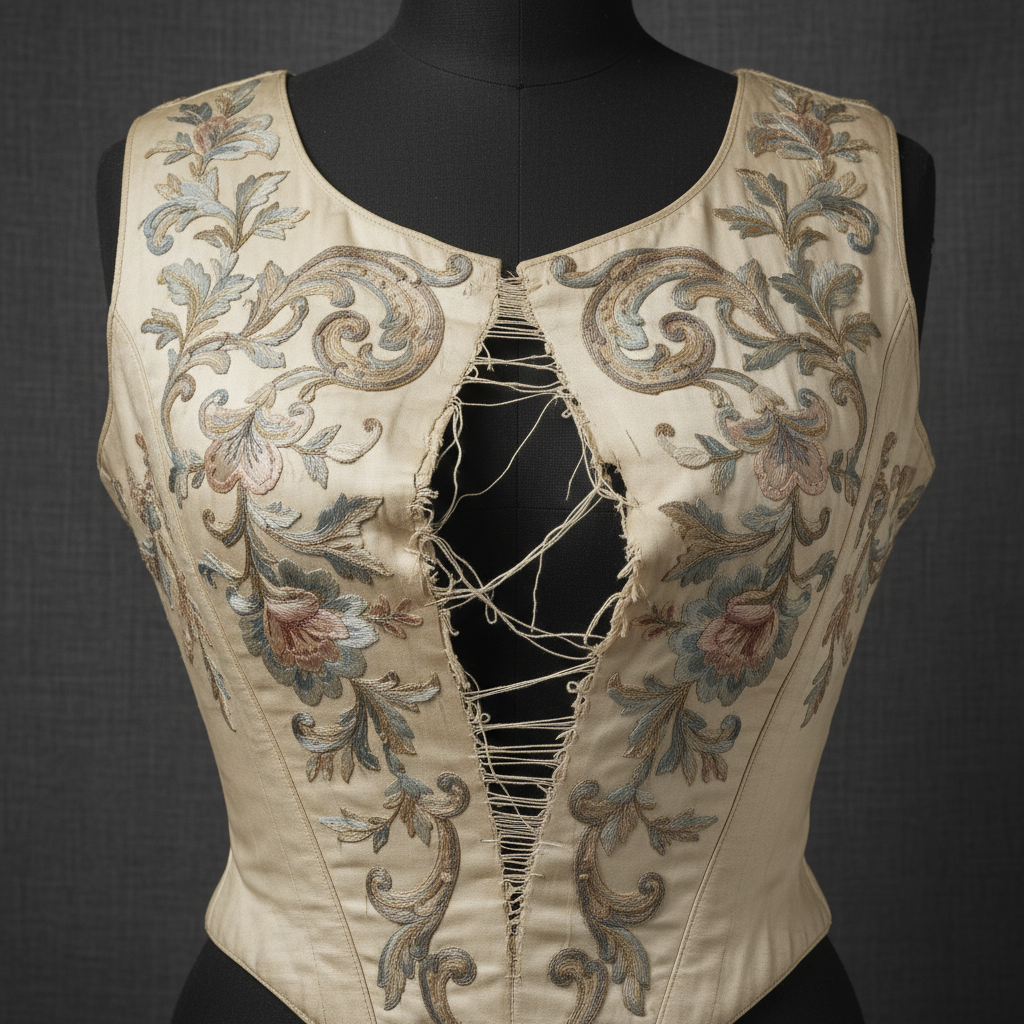 A close-up of a 1780s silk bodice, ivory-colored with intricate floral embroidery, showing a jagged vertical tear throug