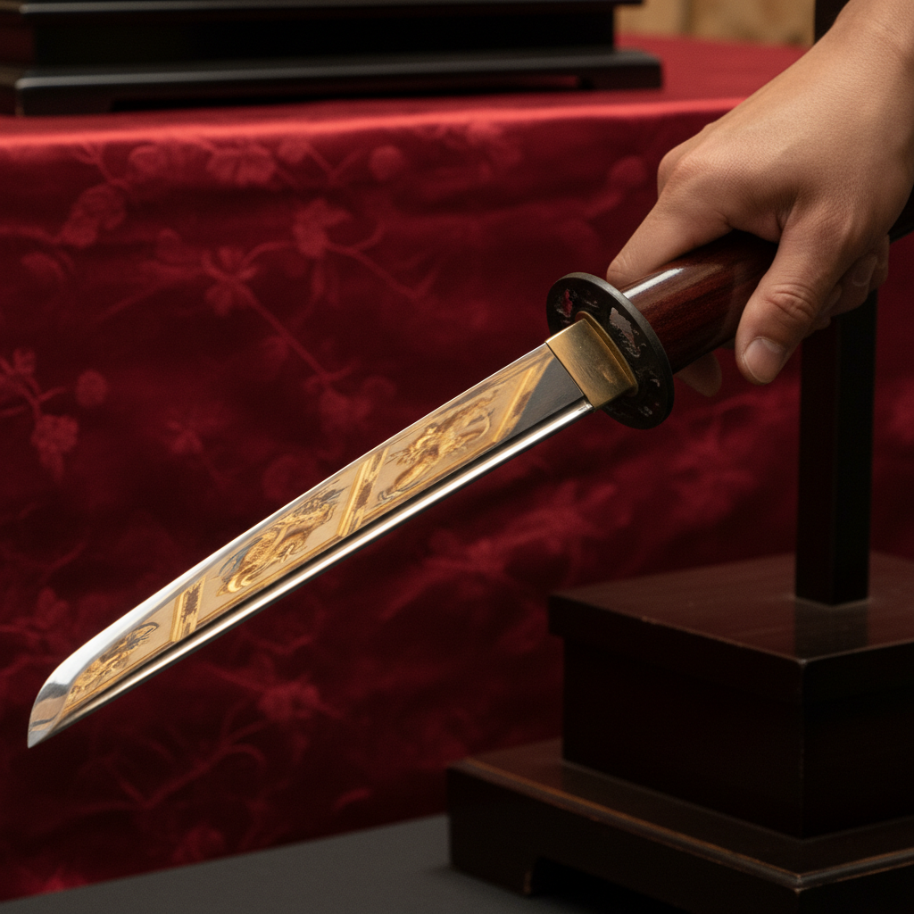 A close-up of a Japanese tanto blade partially unsheathed, reflecting the ornate, gold-leaf carvings of a palace ceiling
