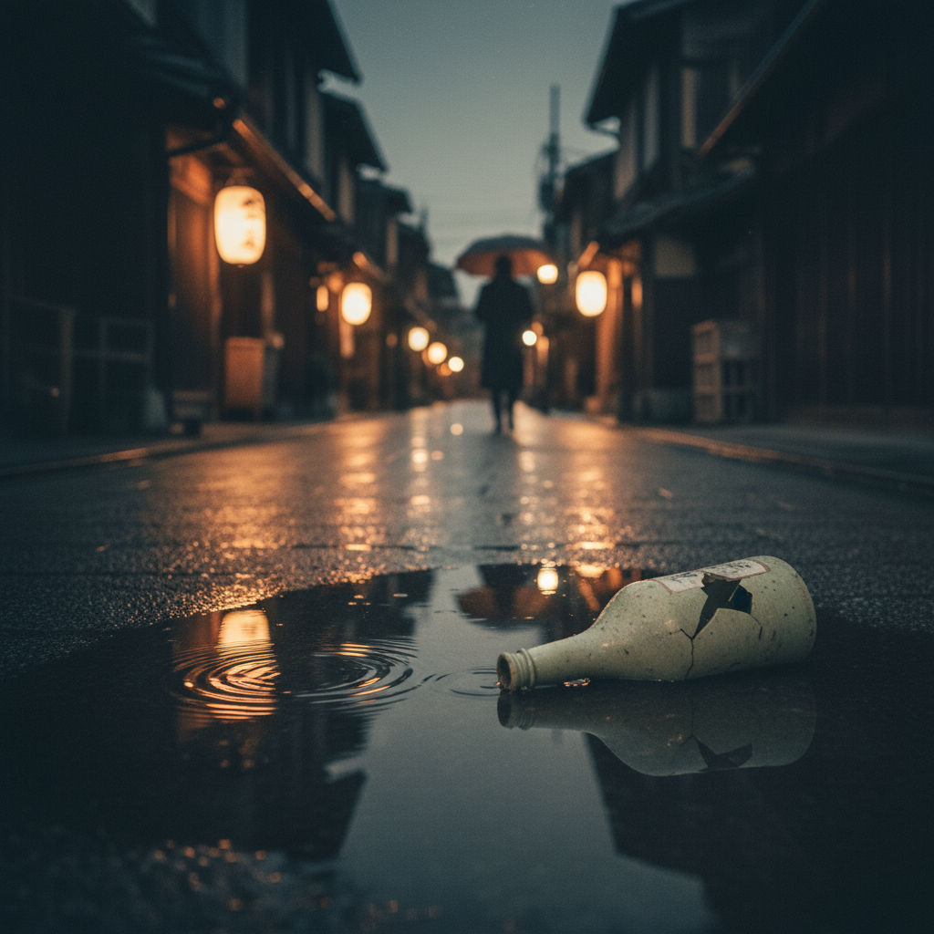 A rain-slicked street in old Kyoto at night, the warm glow of paper lanterns reflecting in a puddle near a discarded, ce