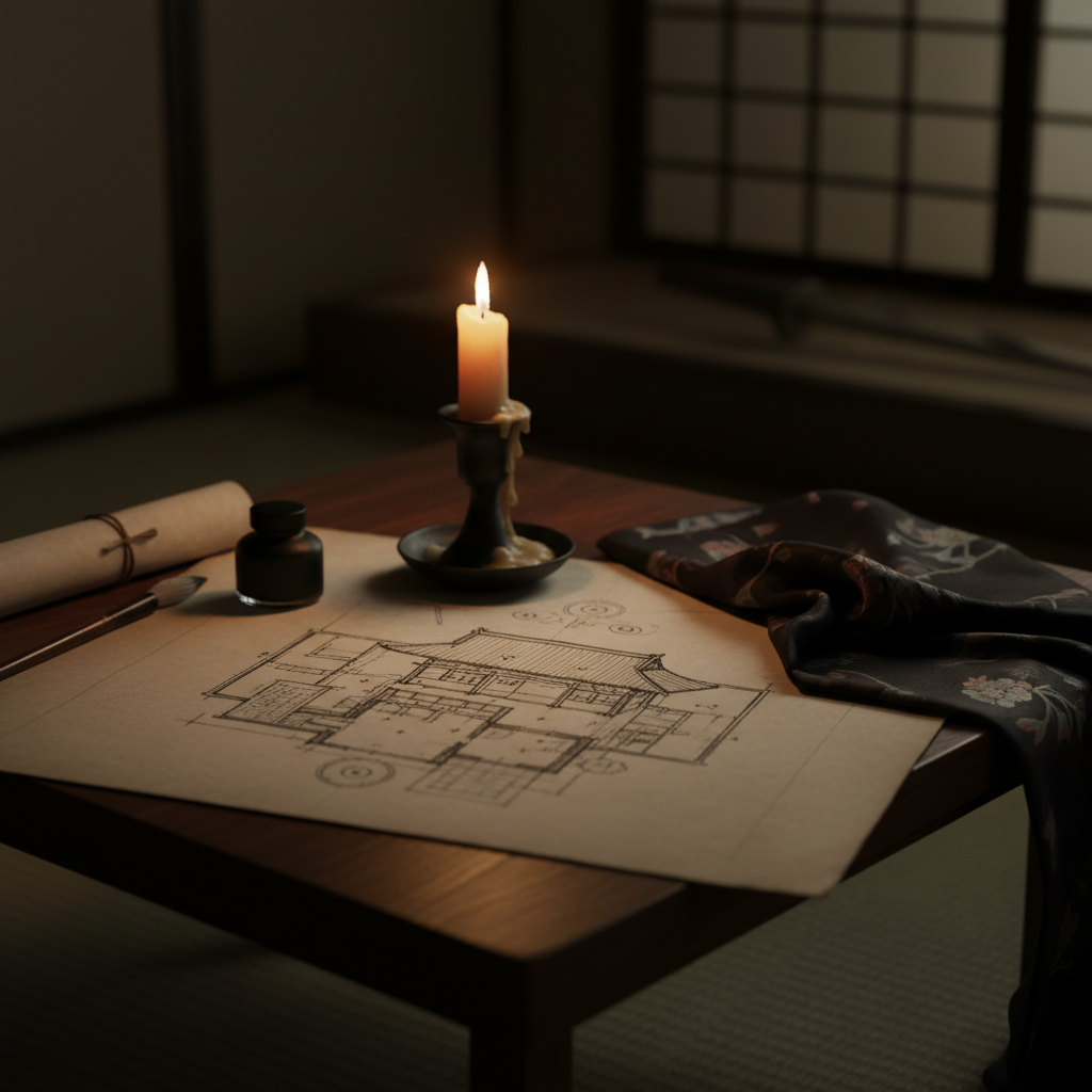 A hand-drawn architectural sketch of a Japanese manor spread across a low wooden table, illuminated by the flickering li