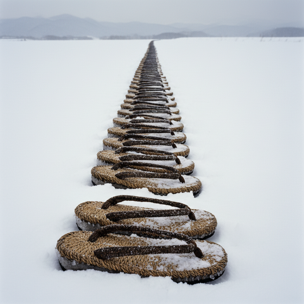 A row of forty-seven pairs of straw sandals (zōri) lined up neatly in the snow, their dark weaves contrasting against th