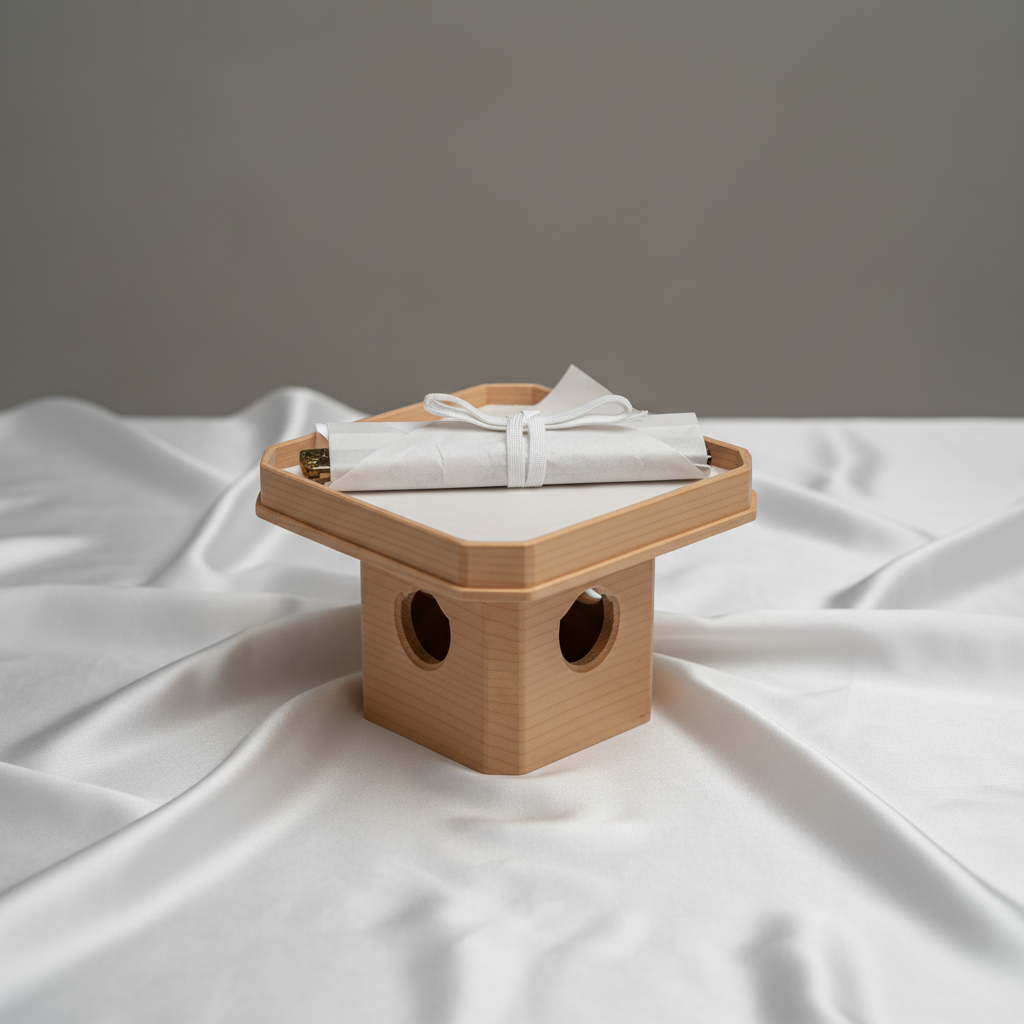 A ceremonial wooden tray (sanbo) holding a short, unsheathed dagger wrapped in white paper, resting on a field of pristi