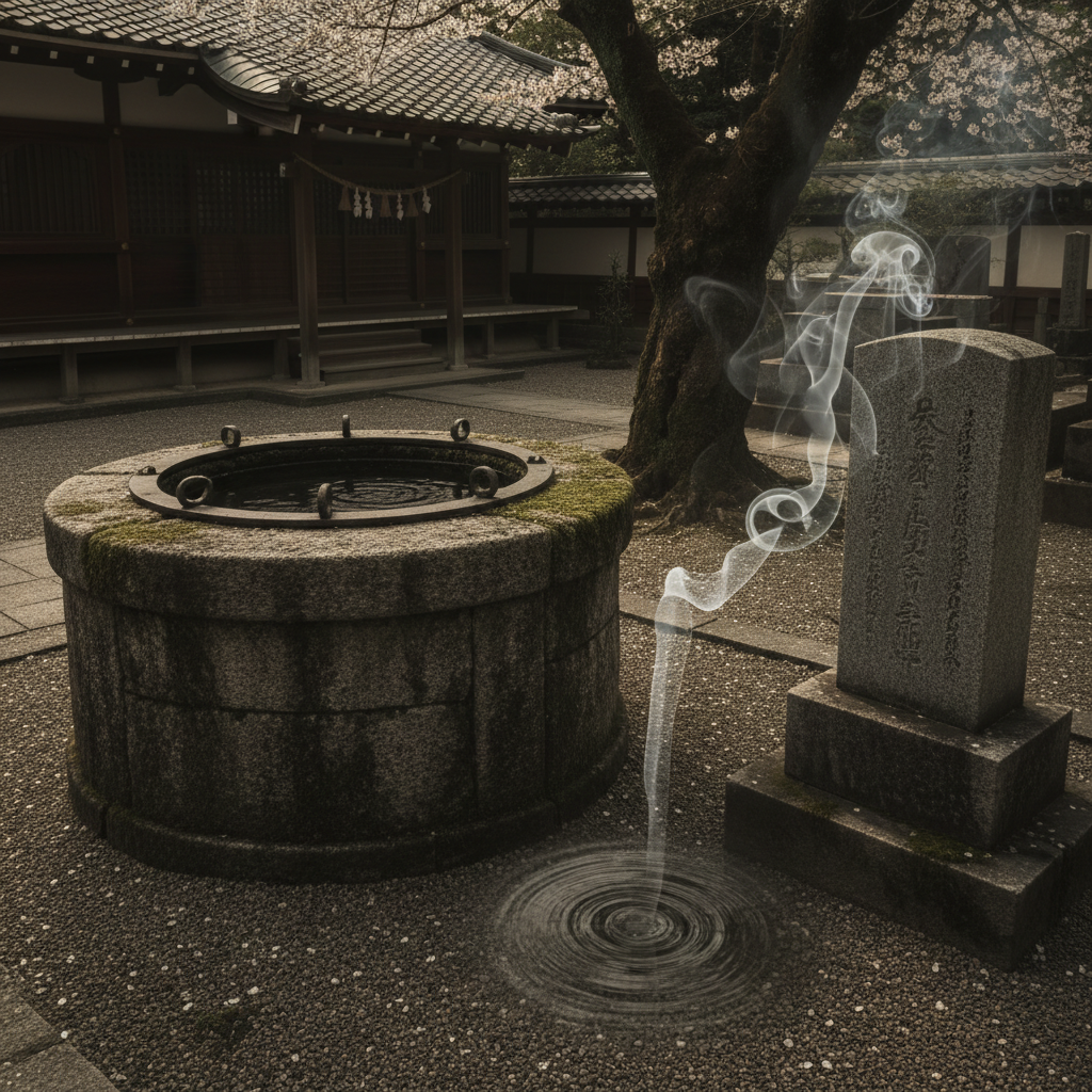 A stone well in a quiet temple courtyard, the surface of the water disturbed by a single, dark ripple, with incense smok