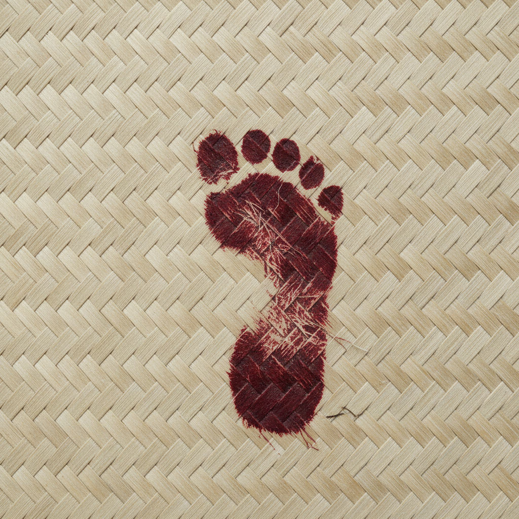 A close-up of a blood-stained footprint on a pale tatami mat, the weave of the straw visible beneath the dark, spreading