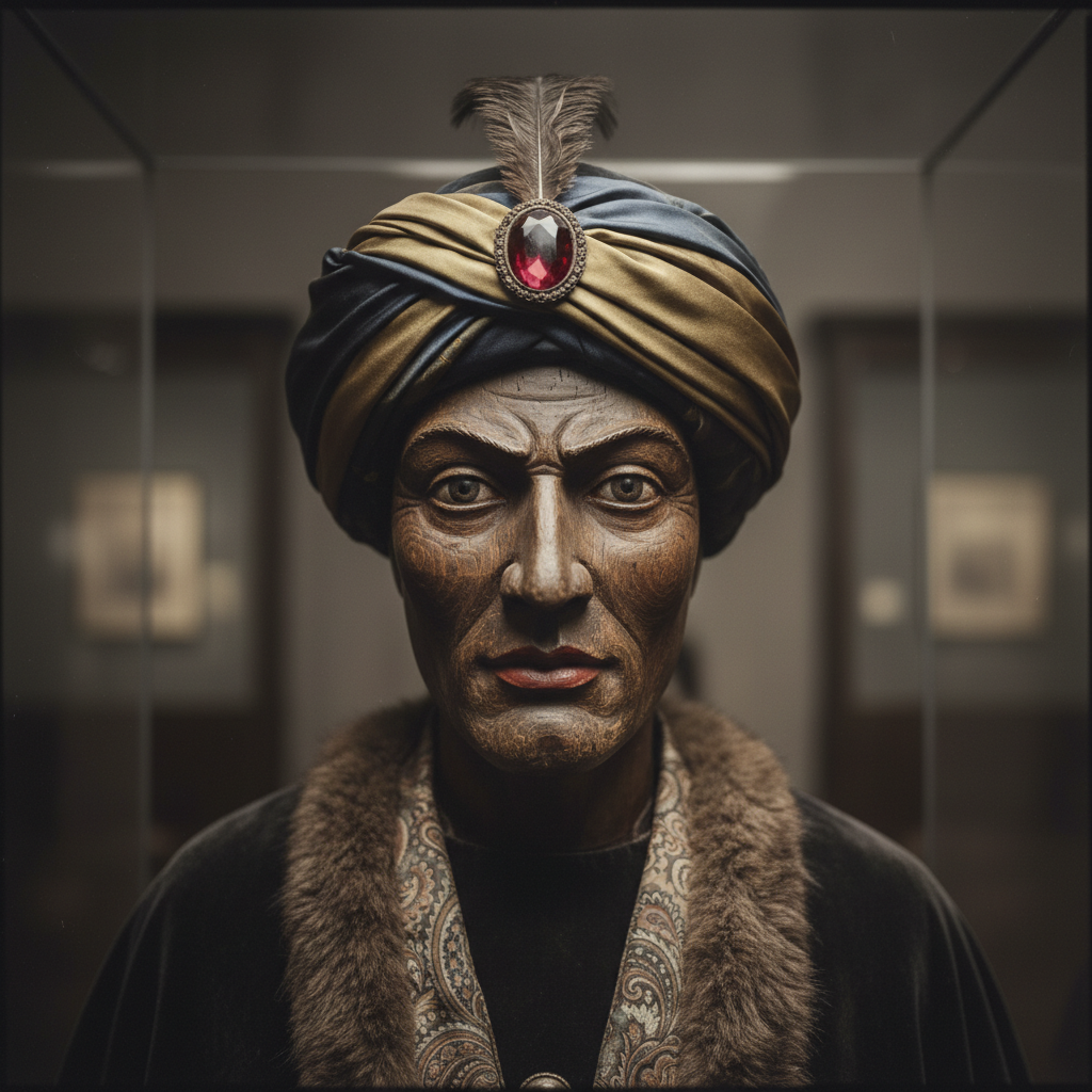 A close-up of the Mechanical Turk’s face, carved from dark wood with painted features, wearing a silk turban and a fur-l