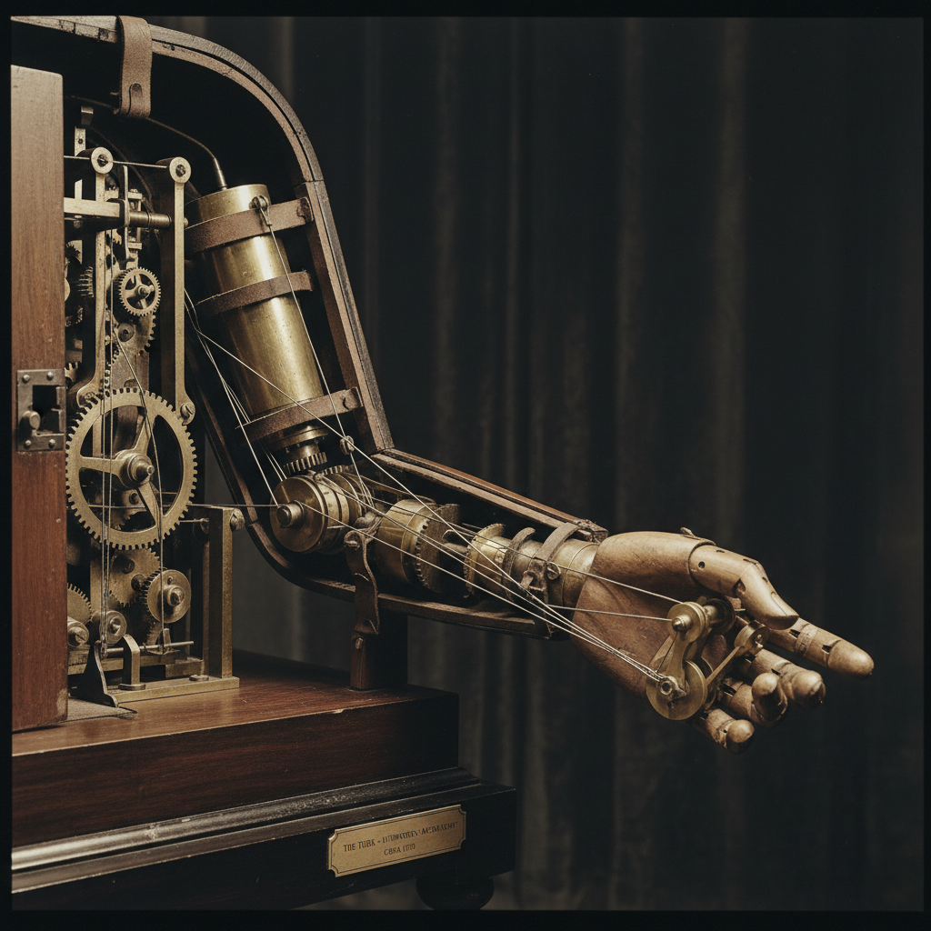 A cross-section of the Turk’s arm, showing the intricate pulleys and wires that connect the wooden hand to the levers in