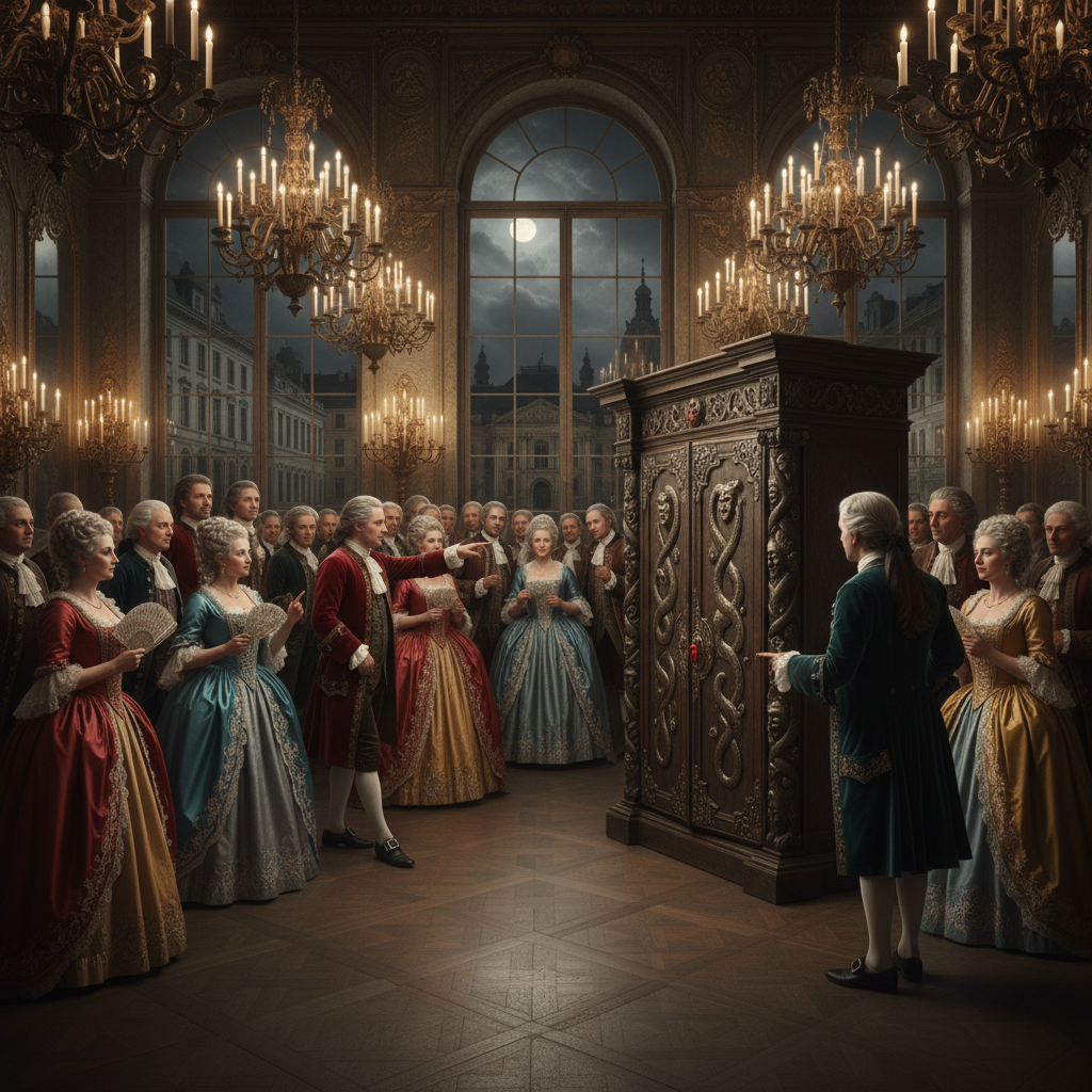 A wide shot of an 18th-century Viennese ballroom, flickering candlelight illuminating a crowd in silk and velvet surroun
