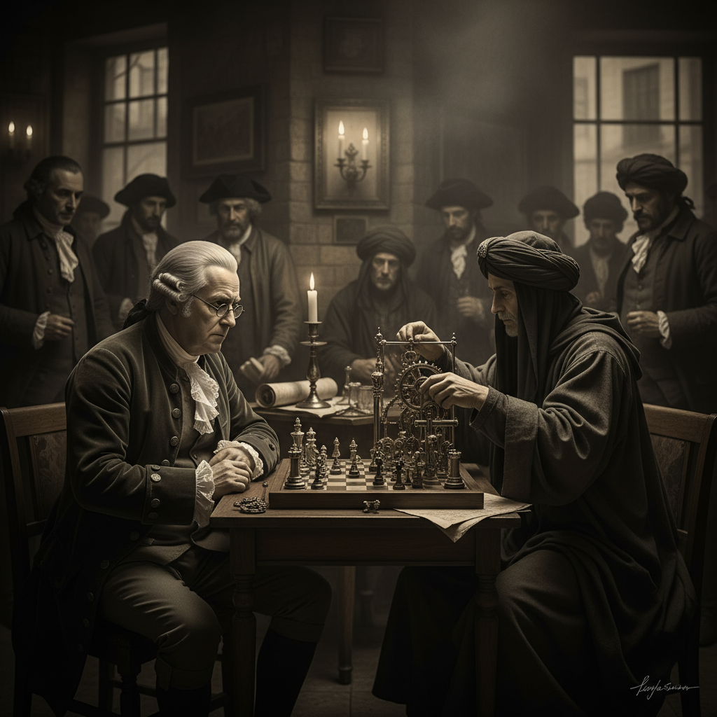 Benjamin Franklin, in his late 70s, sitting in a dimly lit Parisian café, staring intently at the Turk across a chessboa