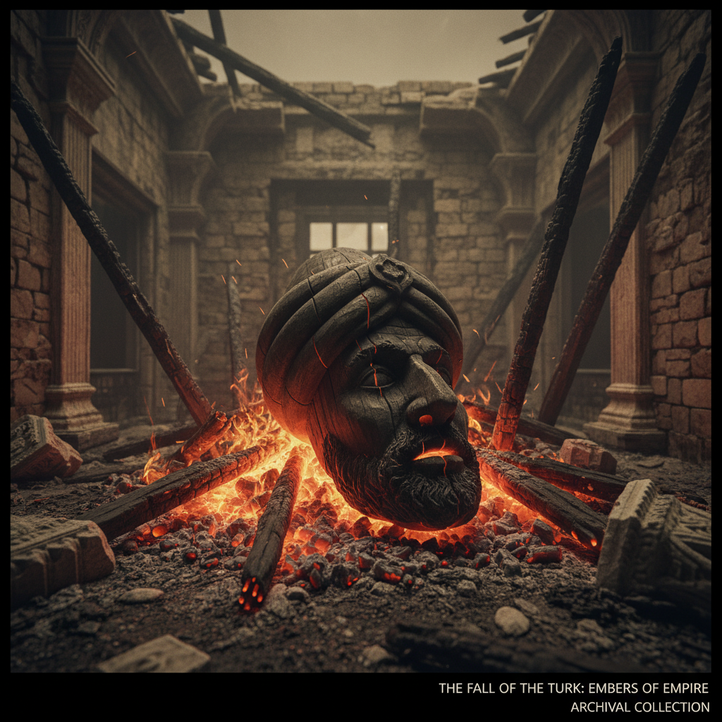 The glowing embers of a massive fire, with the charred remains of the Turk’s wooden head visible among the debris of a c