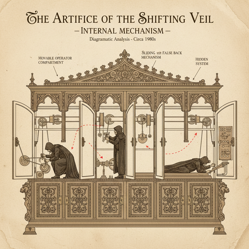 A diagram showing the interior of the cabinet, revealing the hidden operator shifting positions as different doors are o