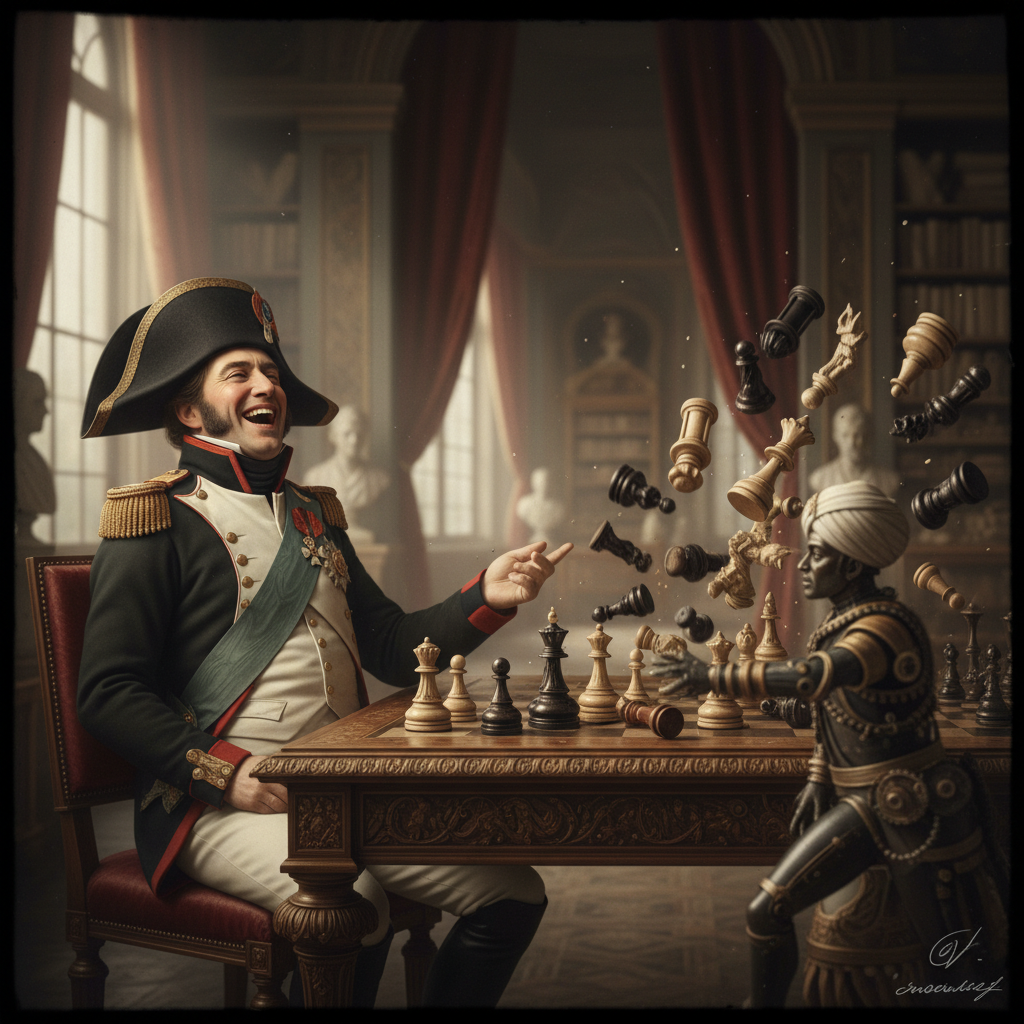 Napoleon Bonaparte, wearing his iconic bicorne hat, laughing as chess pieces fly into the air after the Turk sweeps the 