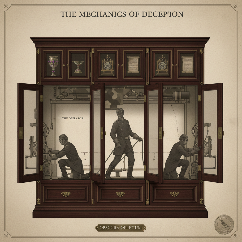 A diagram showing the interior of the cabinet, revealing the hidden operator shifting positions as different doors are o