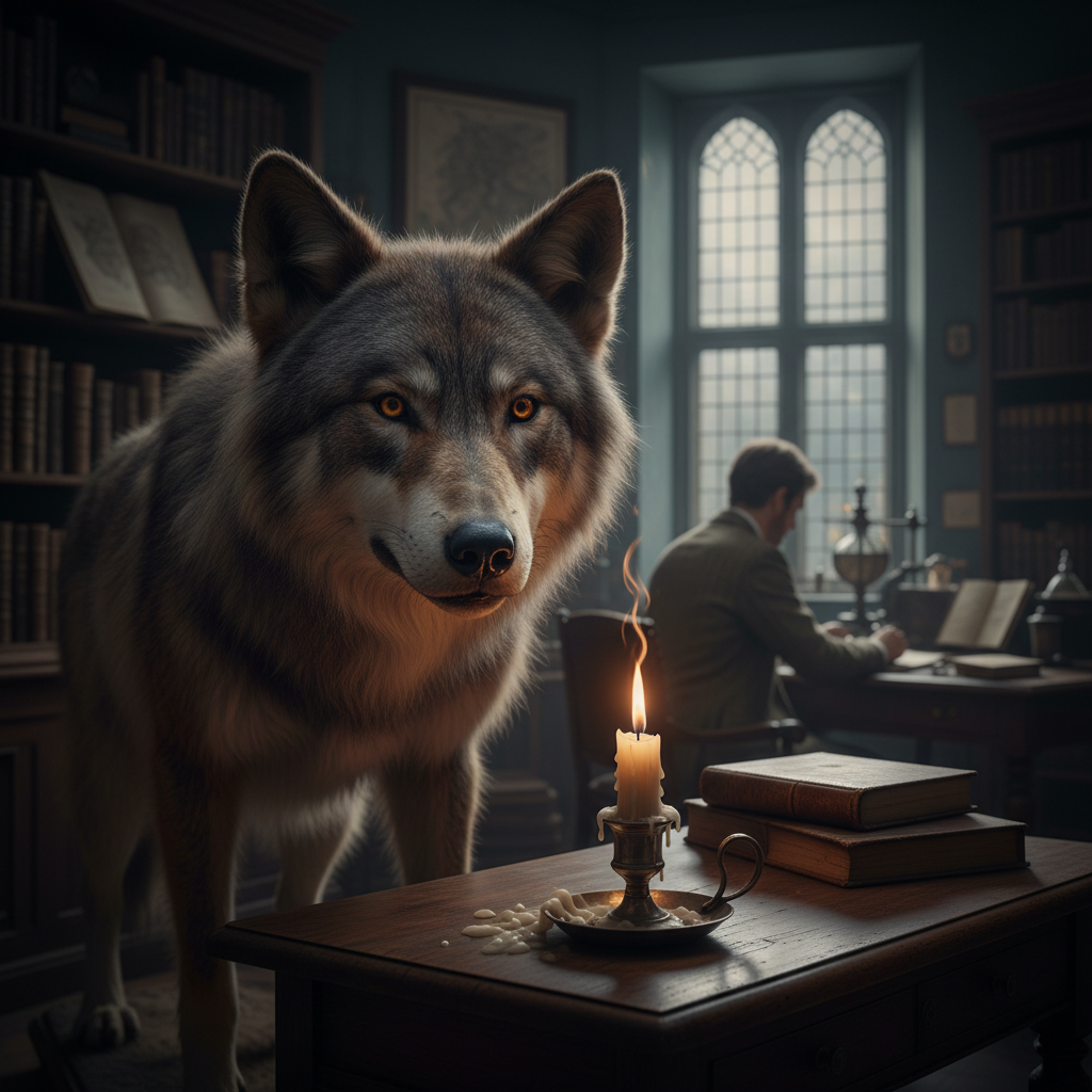 A large, taxidermied wolf-like creature displayed on a wooden table in a dimly lit study, its glass eyes reflecting the 