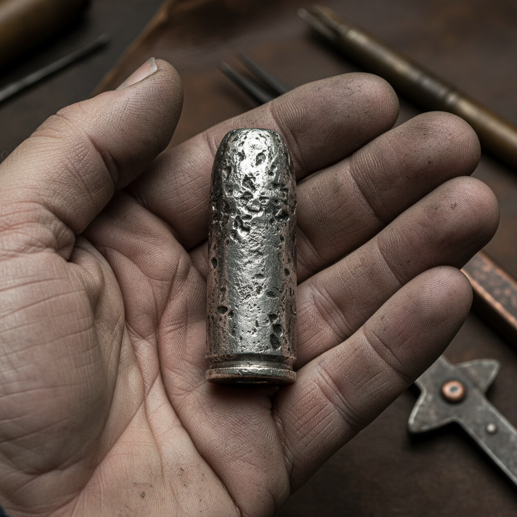 A rough-hewn silver bullet resting in a dirty, calloused palm, the surface of the metal pitted and scarred by the heat o