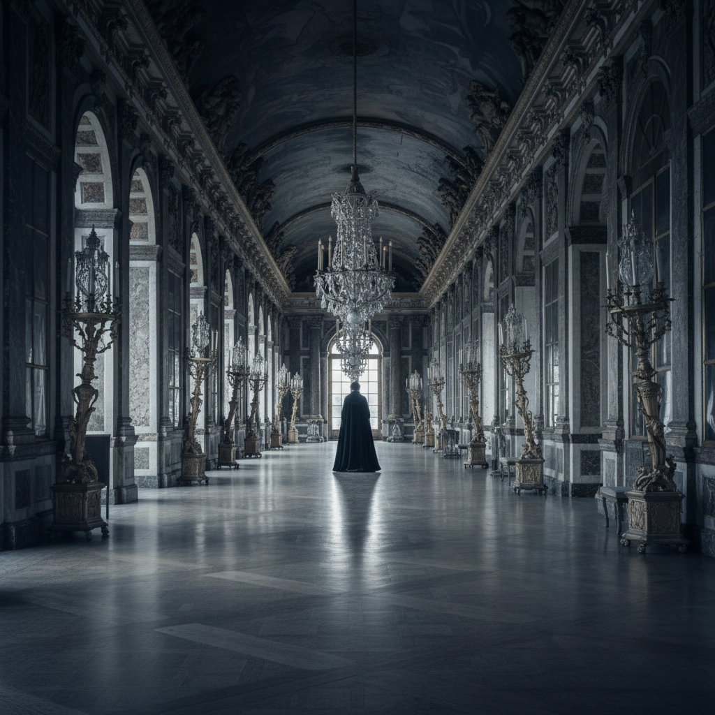 The Hall of Mirrors at Versailles, empty of people, the long floor reflecting the cold, grey light of a winter morning t