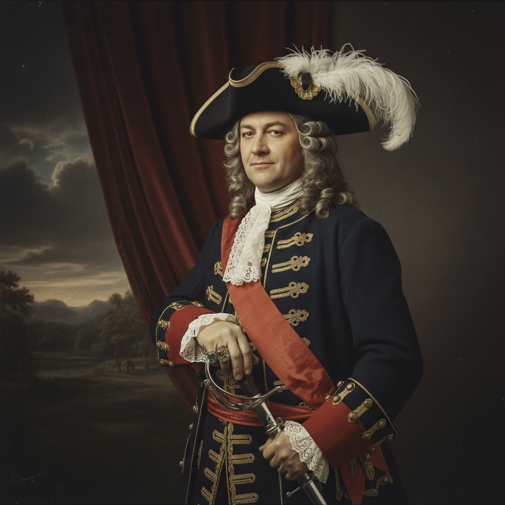 A portrait of Captain Duhamel in full dragoon regalia, his hand resting on the hilt of a silver sword, his expression on