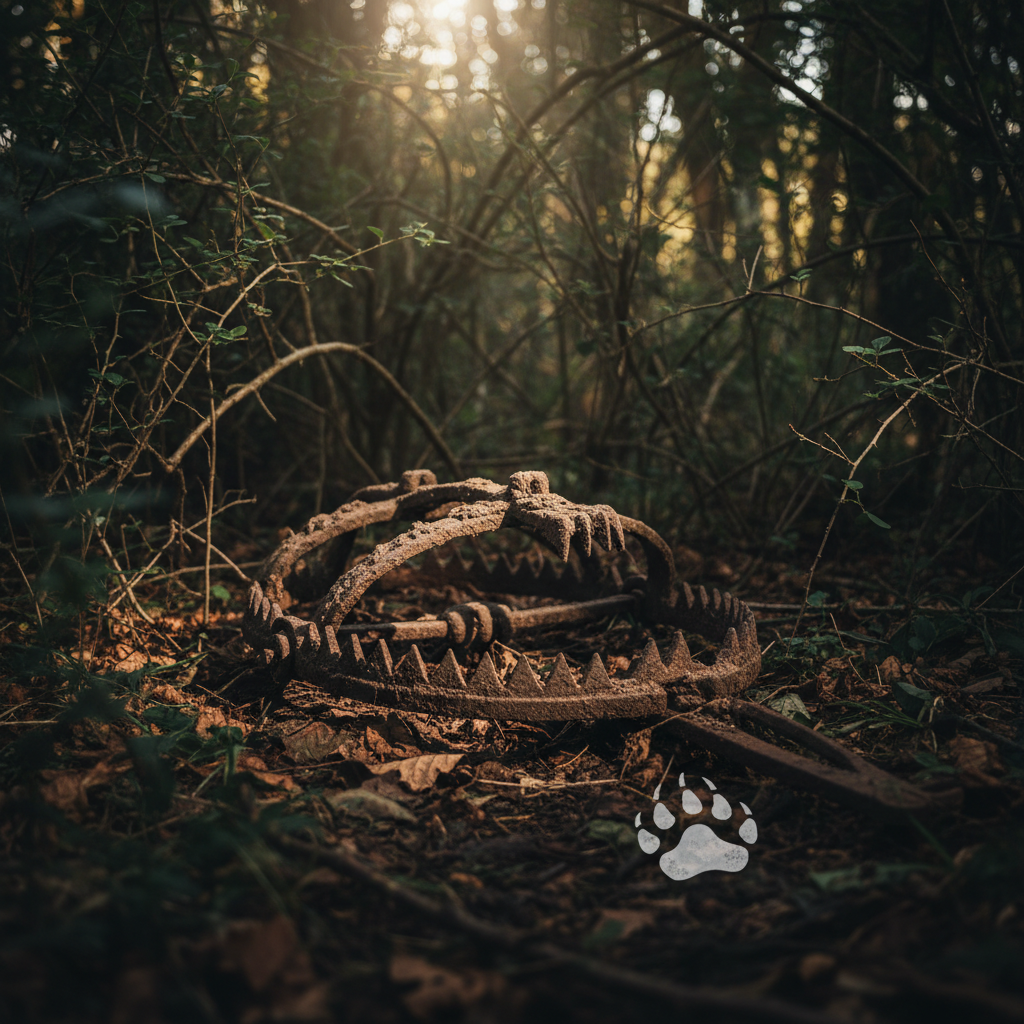 A heavy iron wolf trap, rusted and caked with dried mud, its serrated teeth open and waiting in the shadows of a dense t