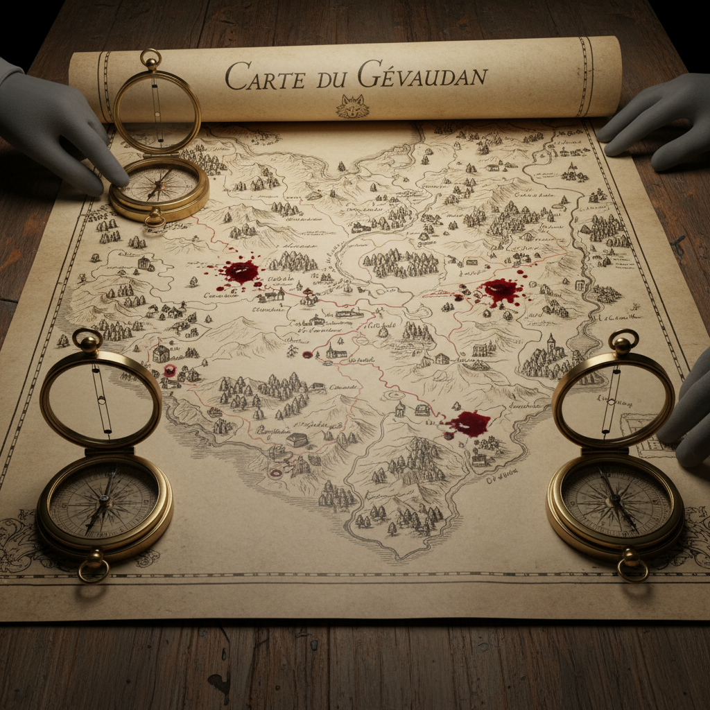 A sprawling, hand-drawn map of the Gévaudan region, weighted down by heavy brass compasses, with small red ink-blots mar