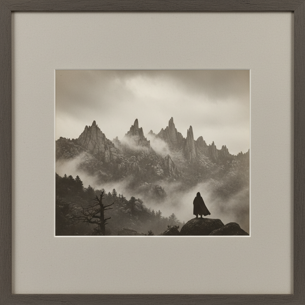 A misty morning in the Auvergne mountains, the jagged granite peaks draped in heavy gray clouds, looking less like a lan