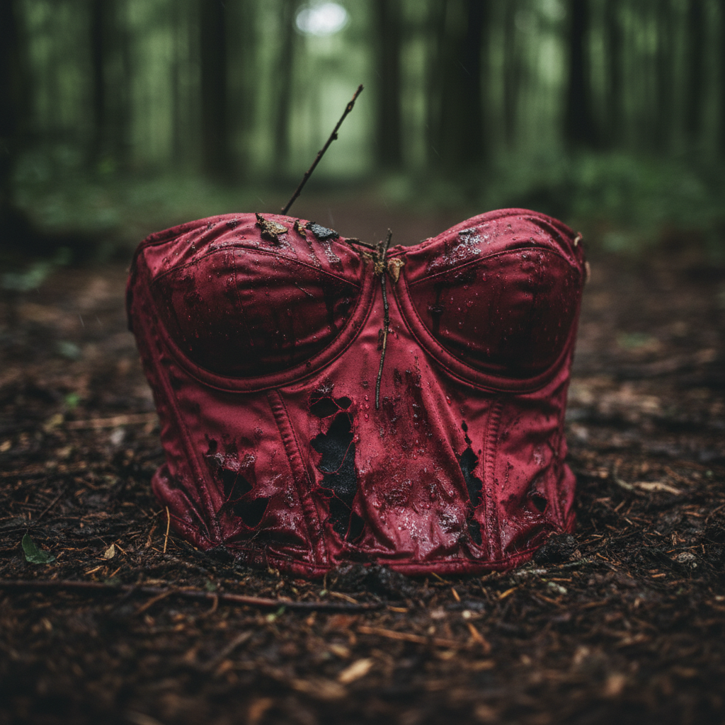 A close-up of a tattered red silk bodice lying in the mud of a forest floor, stained with dark, dried blood that has tur