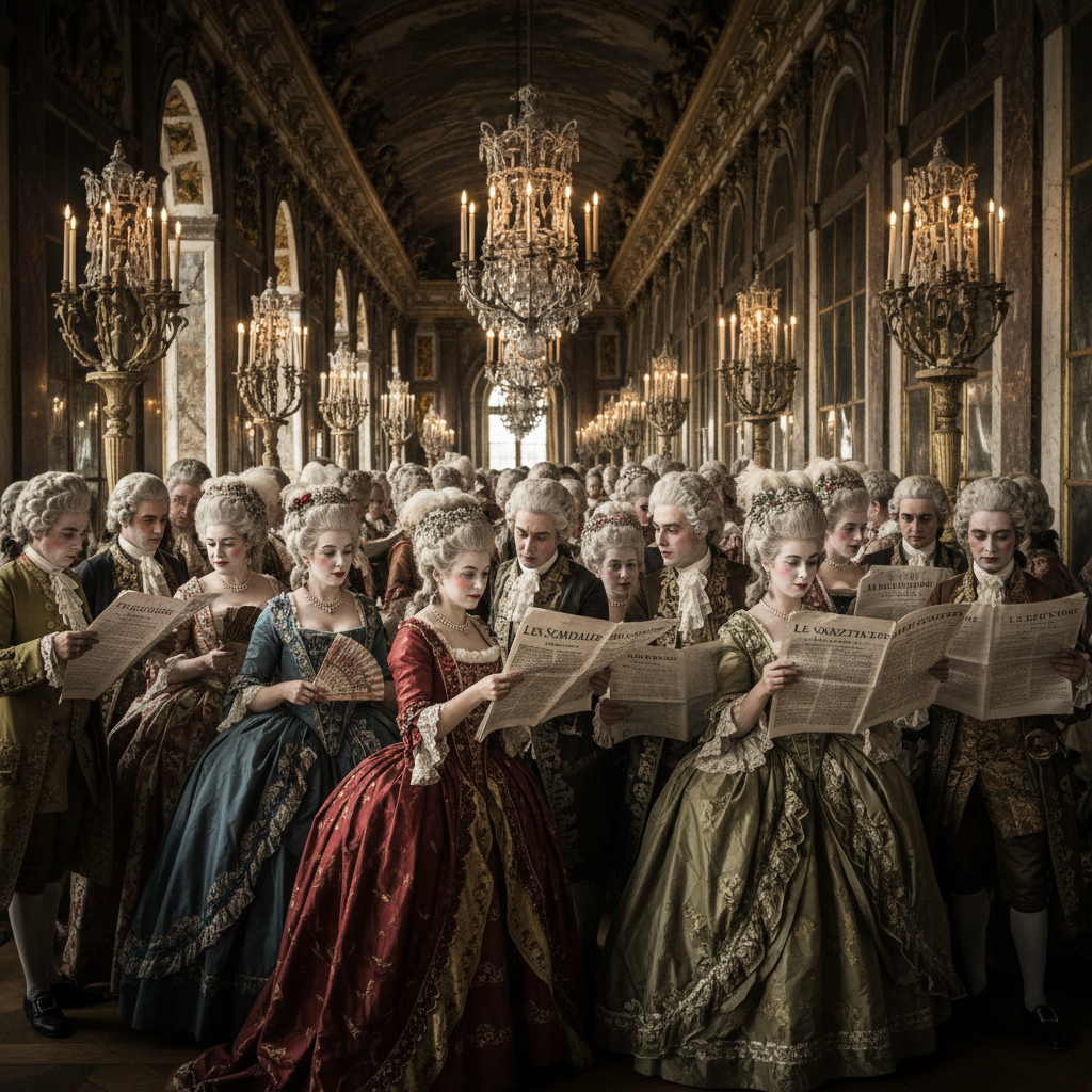 The Hall of Mirrors at Versailles, flickering with candlelight and filled with courtiers in towering wigs, their faces p