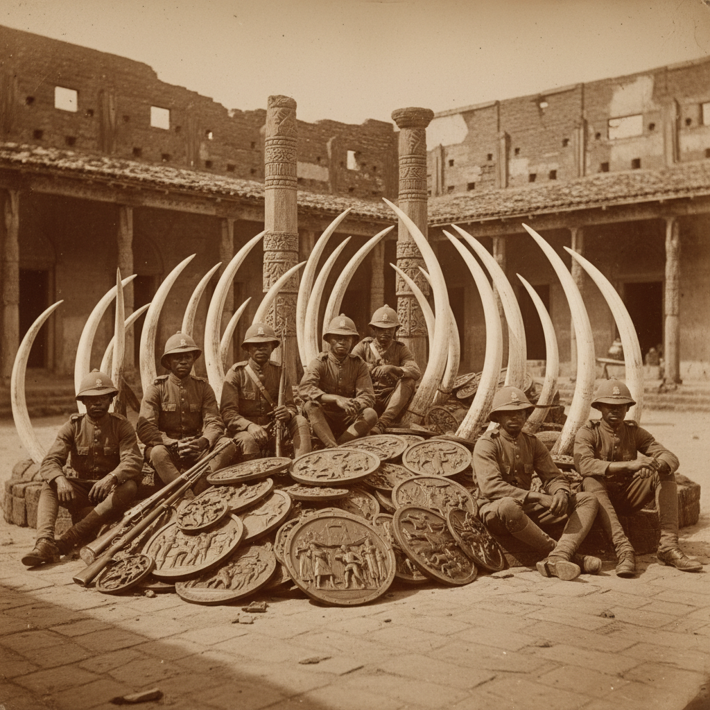 A dramatic 1897 photograph of British soldiers sitting among hundreds of looted bronze plaques and ivory tusks in a pala