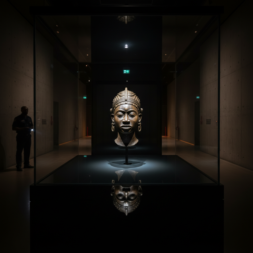 A contemporary museum view, where a single Benin Bronze head is dramatically lit in a darkened room, its reflection visi