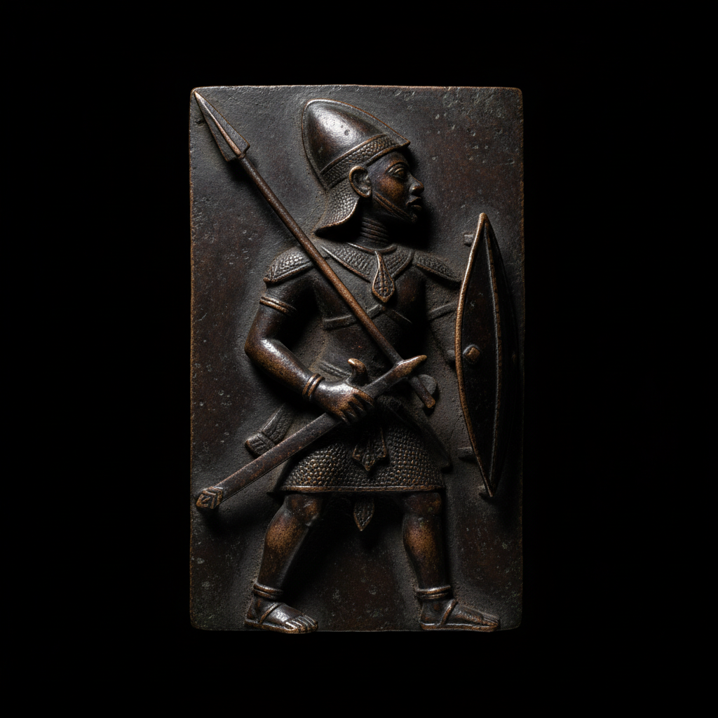A high-contrast studio photograph of a 16th-century Benin bronze plaque, showing a warrior in high relief, the metal gle