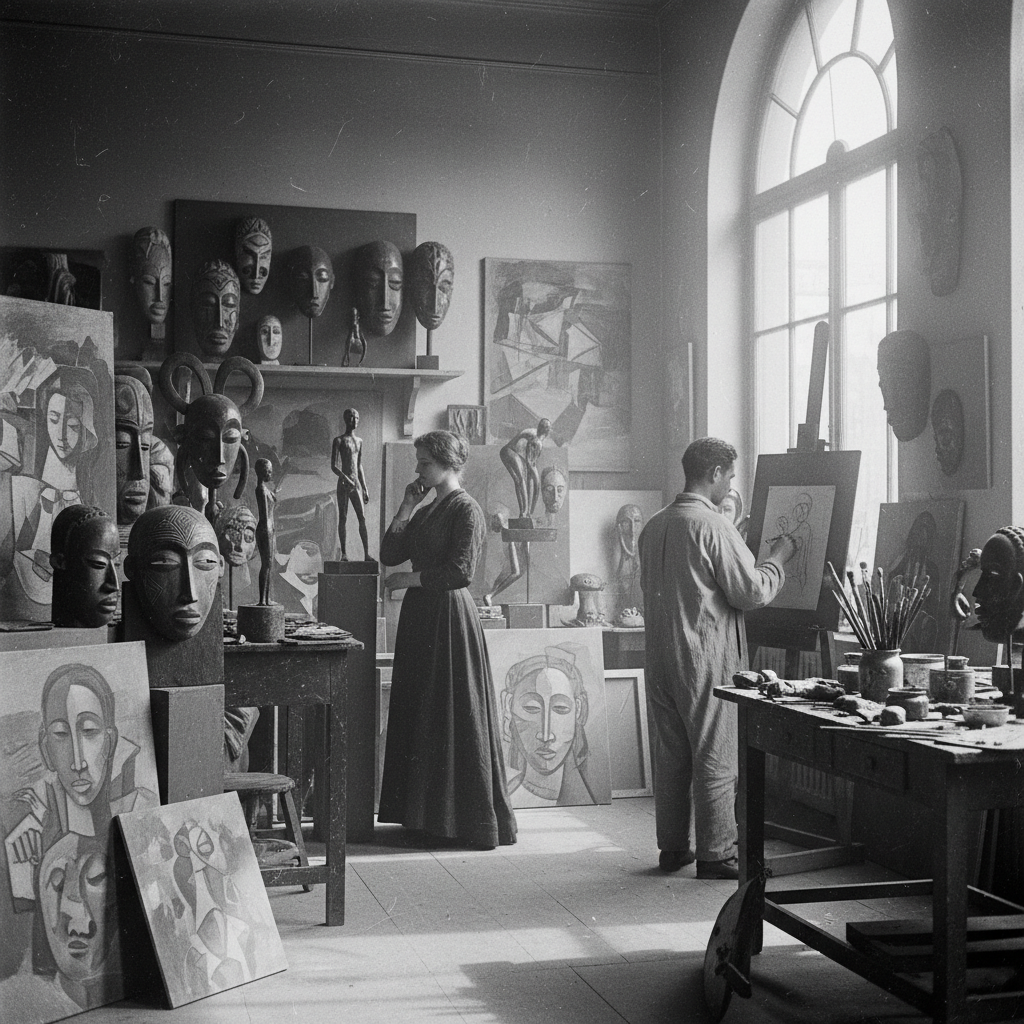 A grainy, black-and-white photo of a modern art studio in Paris, circa 1910, where African masks and bronze figures sit 