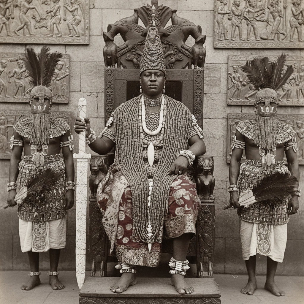 A vintage photograph of the Oba of Benin in full ceremonial regalia, draped in massive tiers of coral beads and carved i