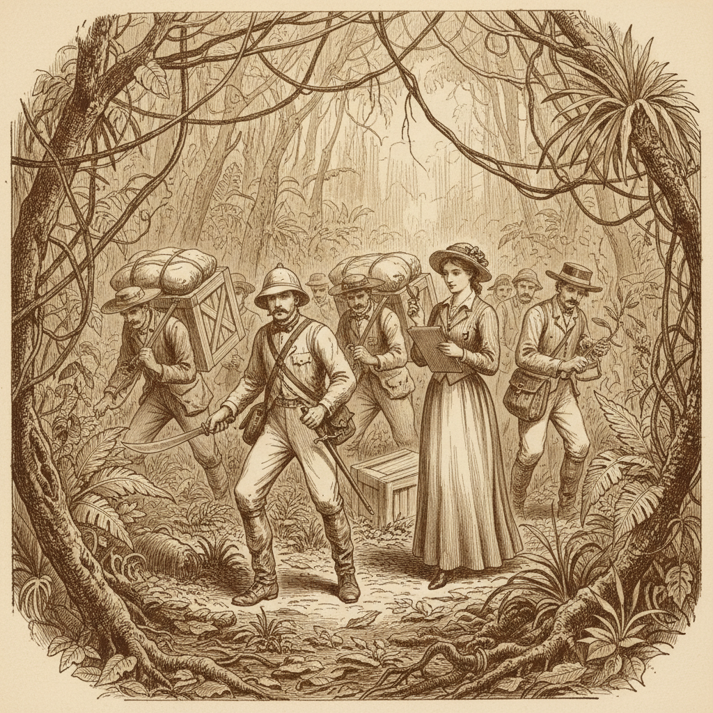 A sepia-toned illustration of a 19th-century British expedition party moving through dense, vine-choked tropical forest.